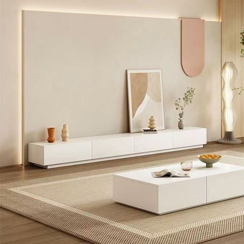 Slim White Media Console in a compact modern lounge.