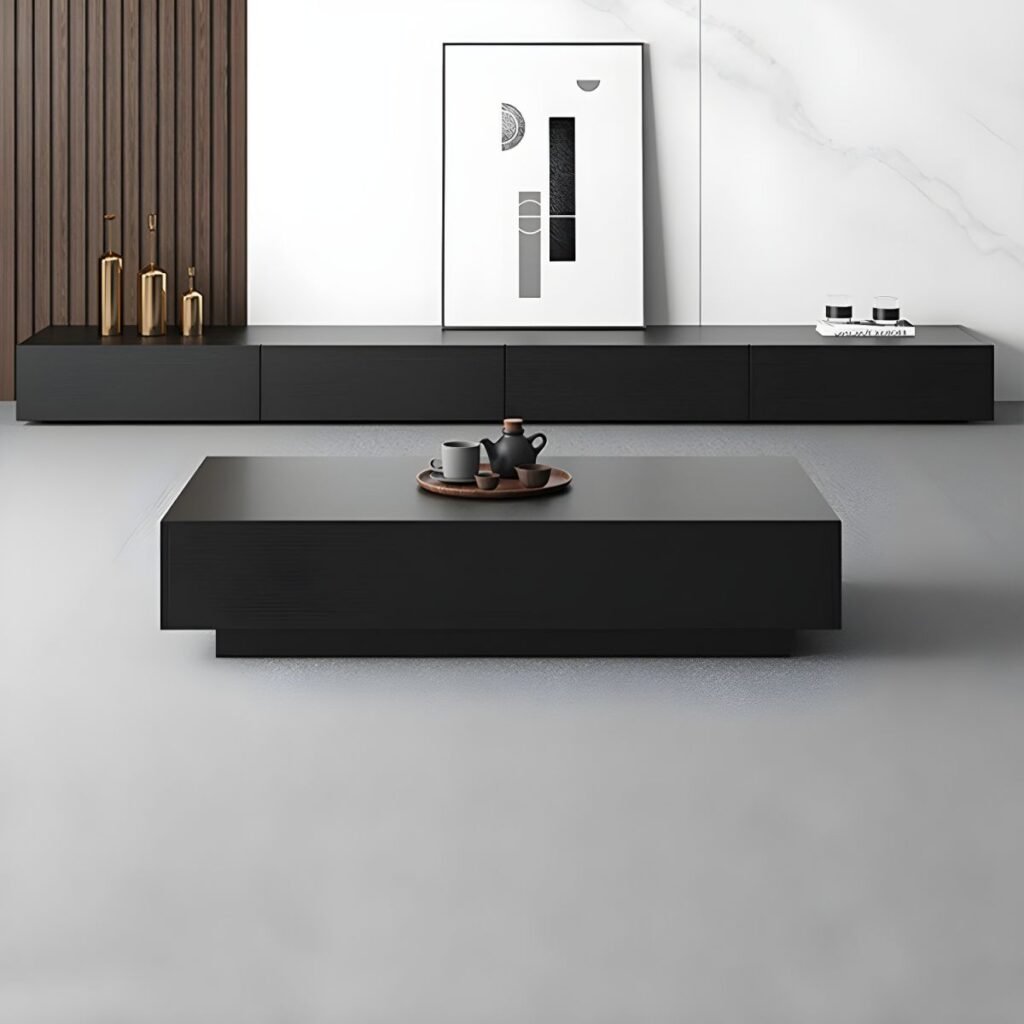 Modern Wood Grain TV Bench 118 inch in deep black texture.
