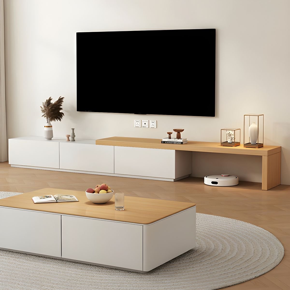 Scandi Wood TV Console 157 inch in an open-concept lounge.