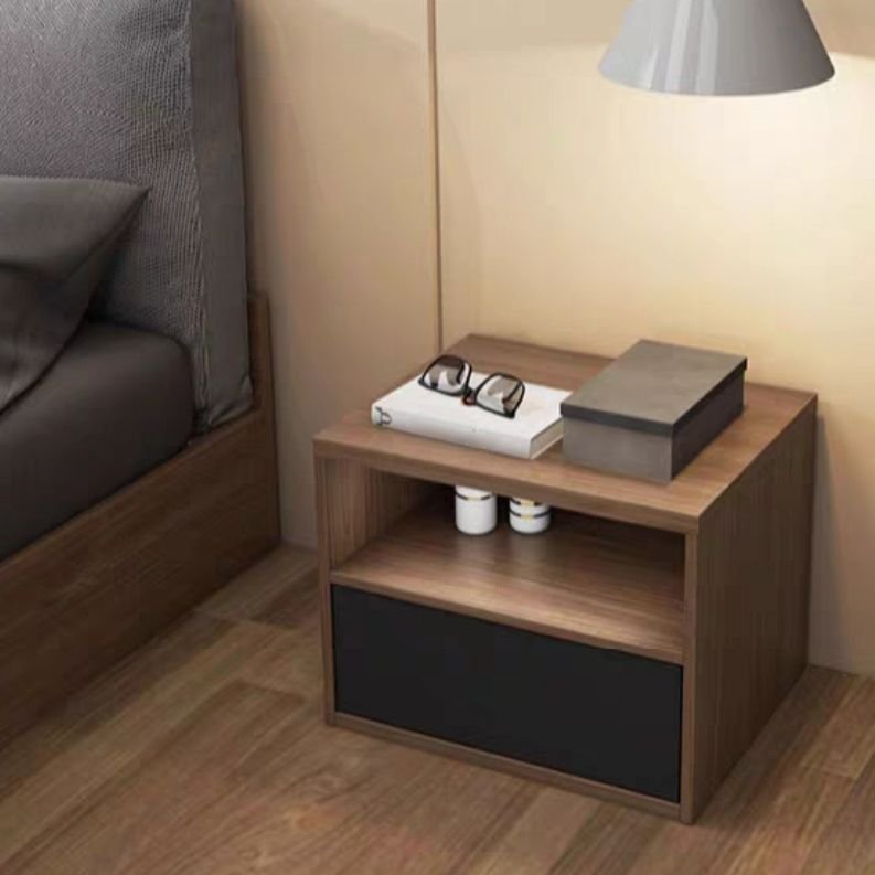 Chic Wood Nightstand featuring a dark drawer and open shelf.