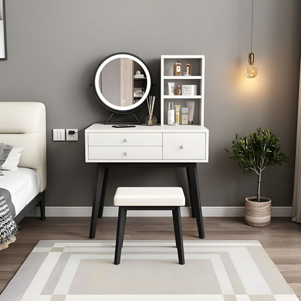 Vanity Desk with Shelves in White