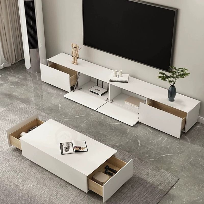Grand White Linear TV Stand 118 inch with seamless white facade.