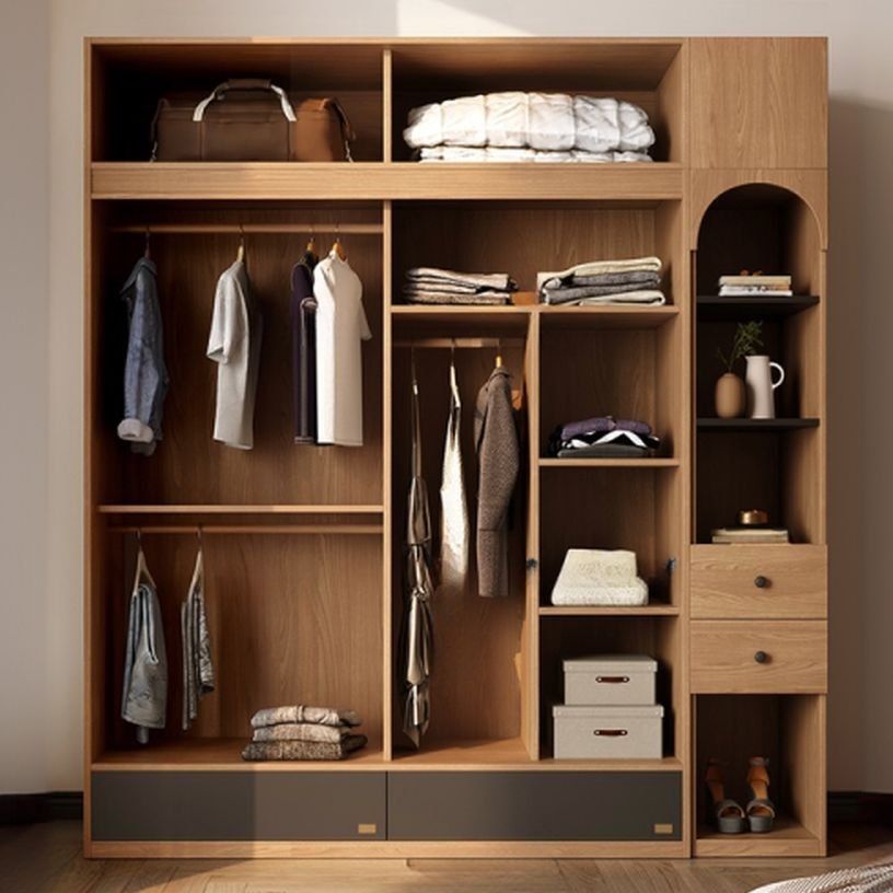 Detailed view of the Modern Industrial Bedroom Closet with premium oak textures and Sustainable E0 Wood-Grain Storage boards by Apexerahomelife.