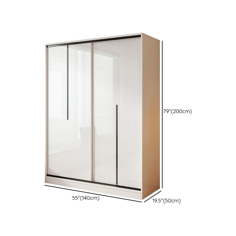 Modern Sleek White Sliding Door Wardrobe with 240cm tall frame, featuring top hinged cabinets and an integrated side shelving unit for a Modern Multi-Tiered Clothing Organizer.