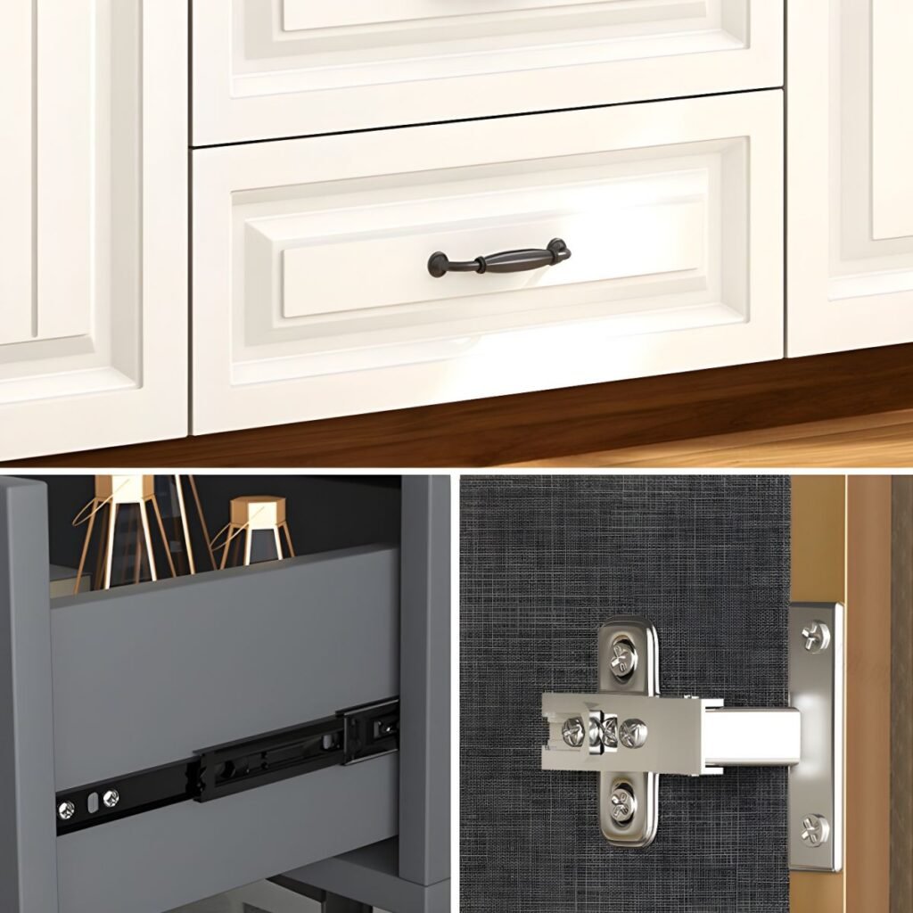 Close-up of the walnut patterned doors on the Scandi Wood Paneled Media Base, showcasing the buffer hinges and E0 wood grain.