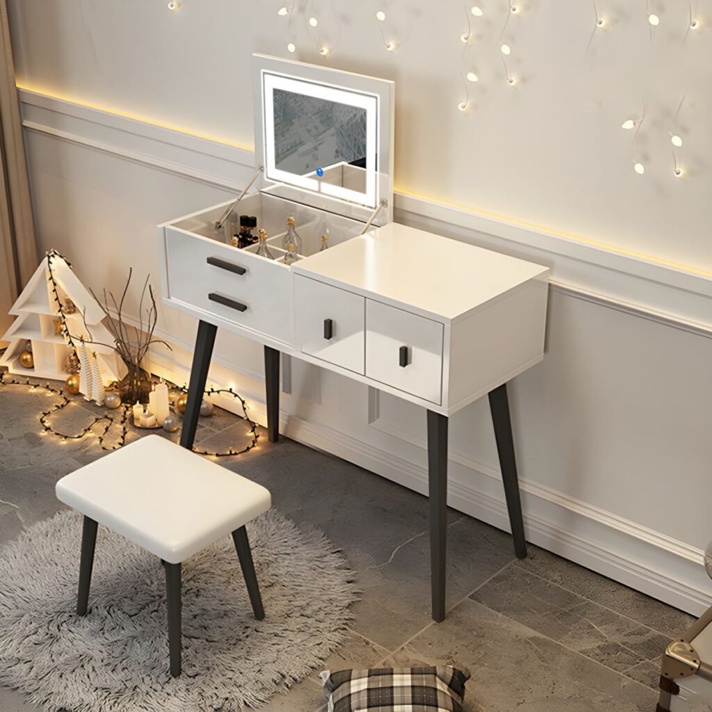 White Vanity with Accent Handles black rail