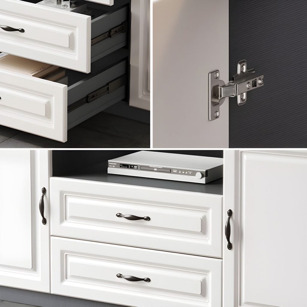 Close-up of the grey patterned doors on the Modern Paneled Door Media Base, highlighting the buffer hinges and E0 board quality.