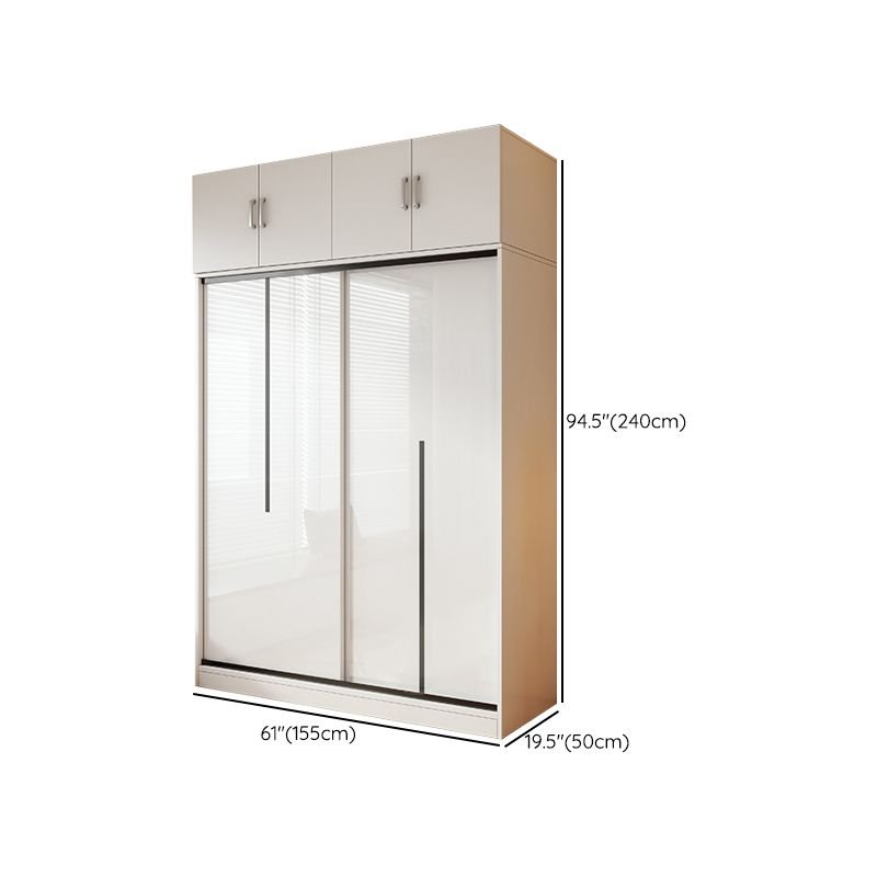 Modern Sleek White Sliding Door Wardrobe with 240cm tall frame, featuring top hinged cabinets and an integrated side shelving unit for a Modern Multi-Tiered Clothing Organizer.