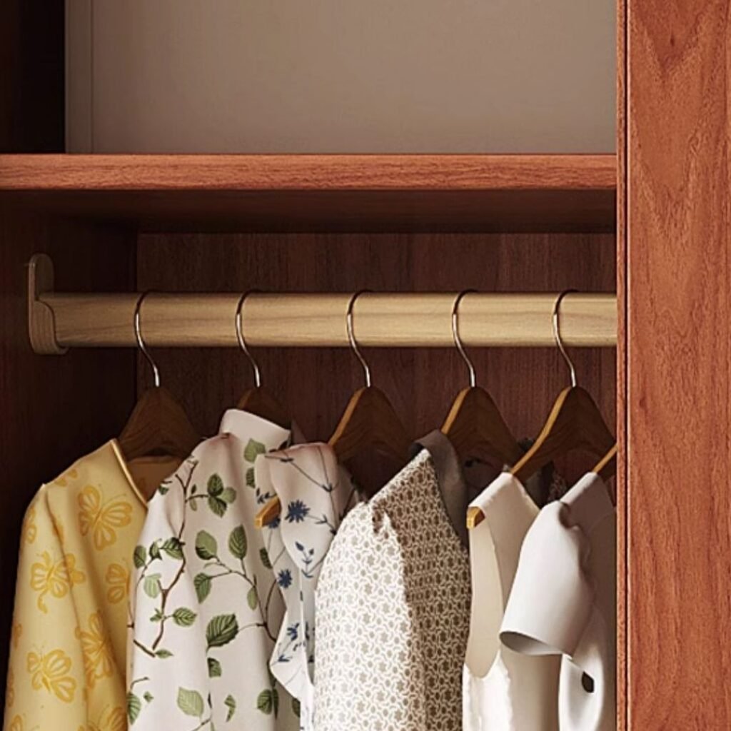 Interior layout of a Bespoke Modular Bedroom System showing movable shelves and a Modern Wooden Clothing Organizer with top hinged cabinets.
