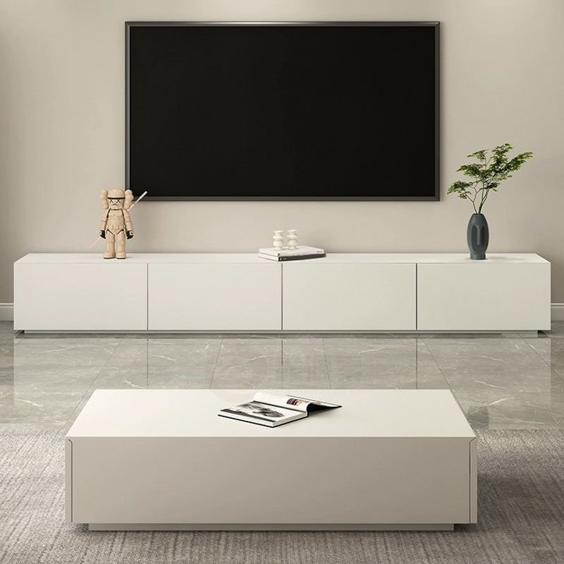 Grand White Linear TV Stand in a minimalist gallery-style room.
