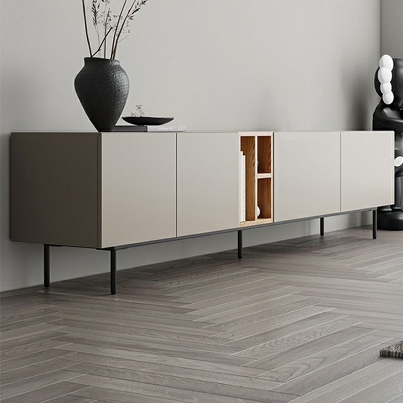 Sleek Khaki Media Console 94 inch with metal legs.