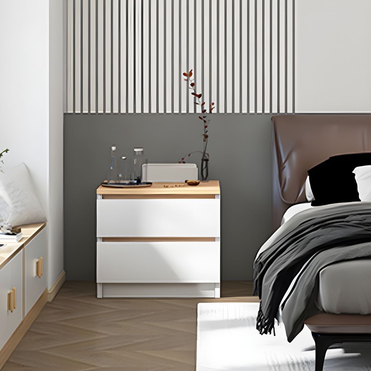 Versatile Small Nightstand in modern grey finish.