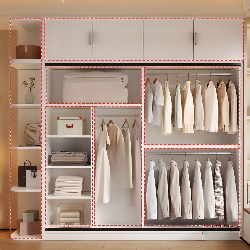 Interior view of a Full-Height Integrated Storage System by Apexerahomelife, showcasing movable shelves and a premium Eco-Friendly E0 Wood Armoire board structure.