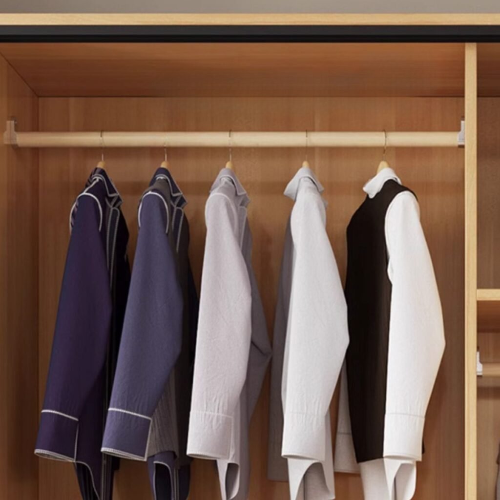 Interior view of the Sustainable E0 Modular Closet by Apexerahomelife, showcasing movable shelves and a Multi-Tone Bedroom Clothing Organizer layout.