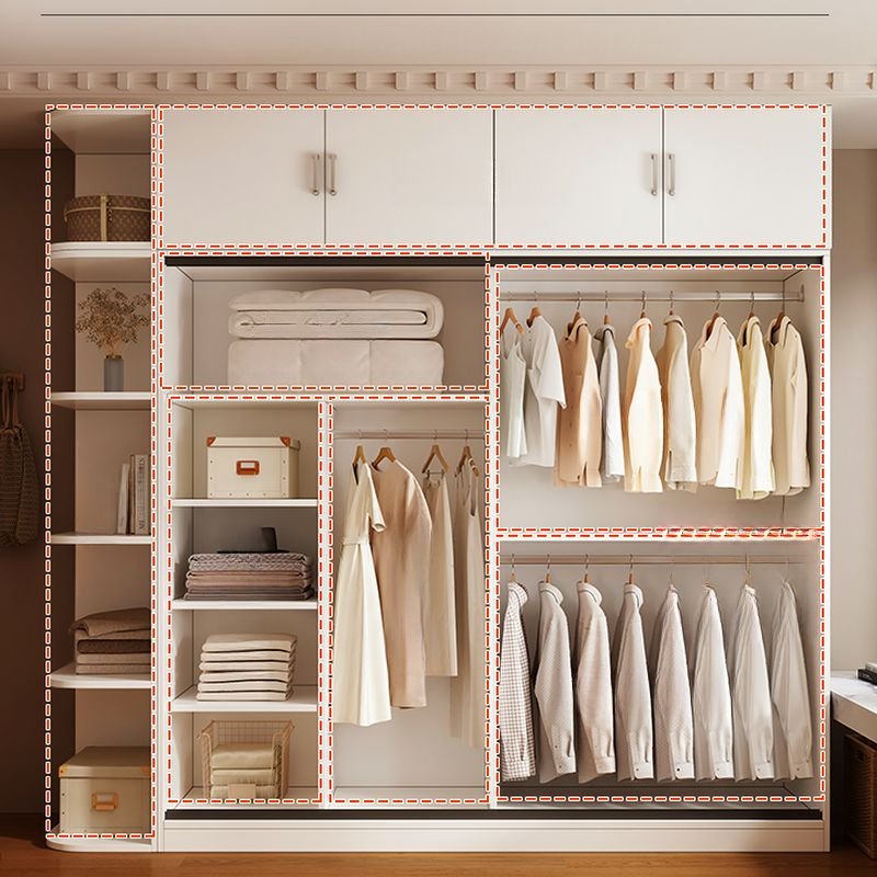 Interior organization of a Sustainable Modular Clothing Organizer showing adjustable shelves and reinforced hanging rails within a tall 94.5-inch white frame.