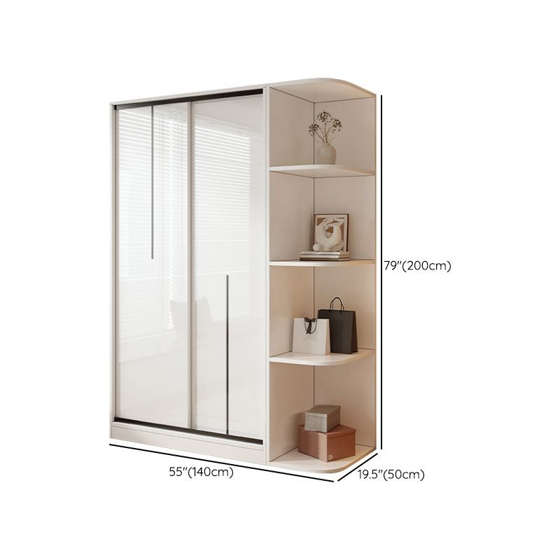 Modern Sleek White Sliding Door Wardrobe with 240cm tall frame, featuring top hinged cabinets and an integrated side shelving unit for a Modern Multi-Tiered Clothing Organizer.