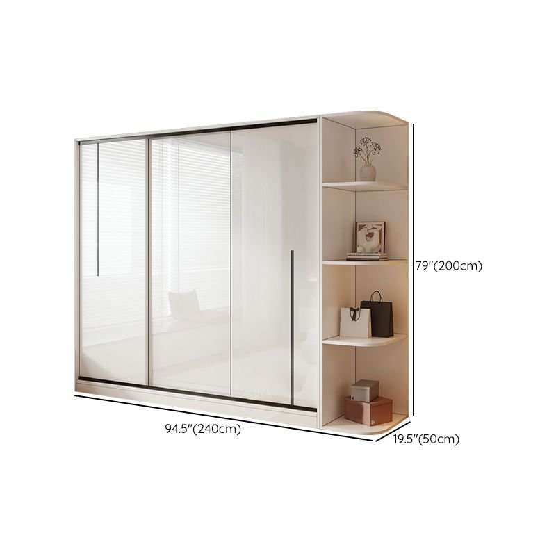 Modern Sleek White Sliding Door Wardrobe with 240cm tall frame, featuring top hinged cabinets and an integrated side shelving unit for a Modern Multi-Tiered Clothing Organizer.