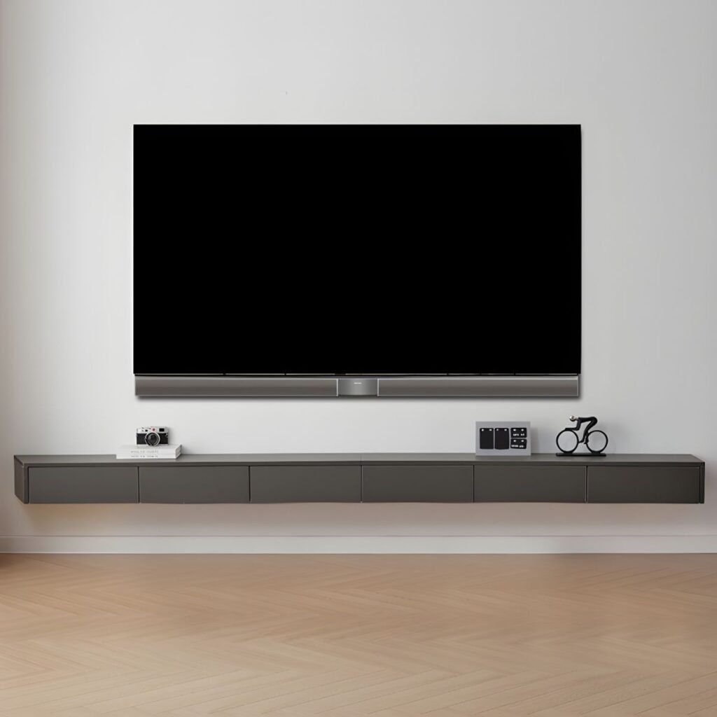 Extra Long Grey Floating TV Unit 300cm, showcasing the minimalist 5-drawer design and massive 118-inch horizontal span on E0 wood.