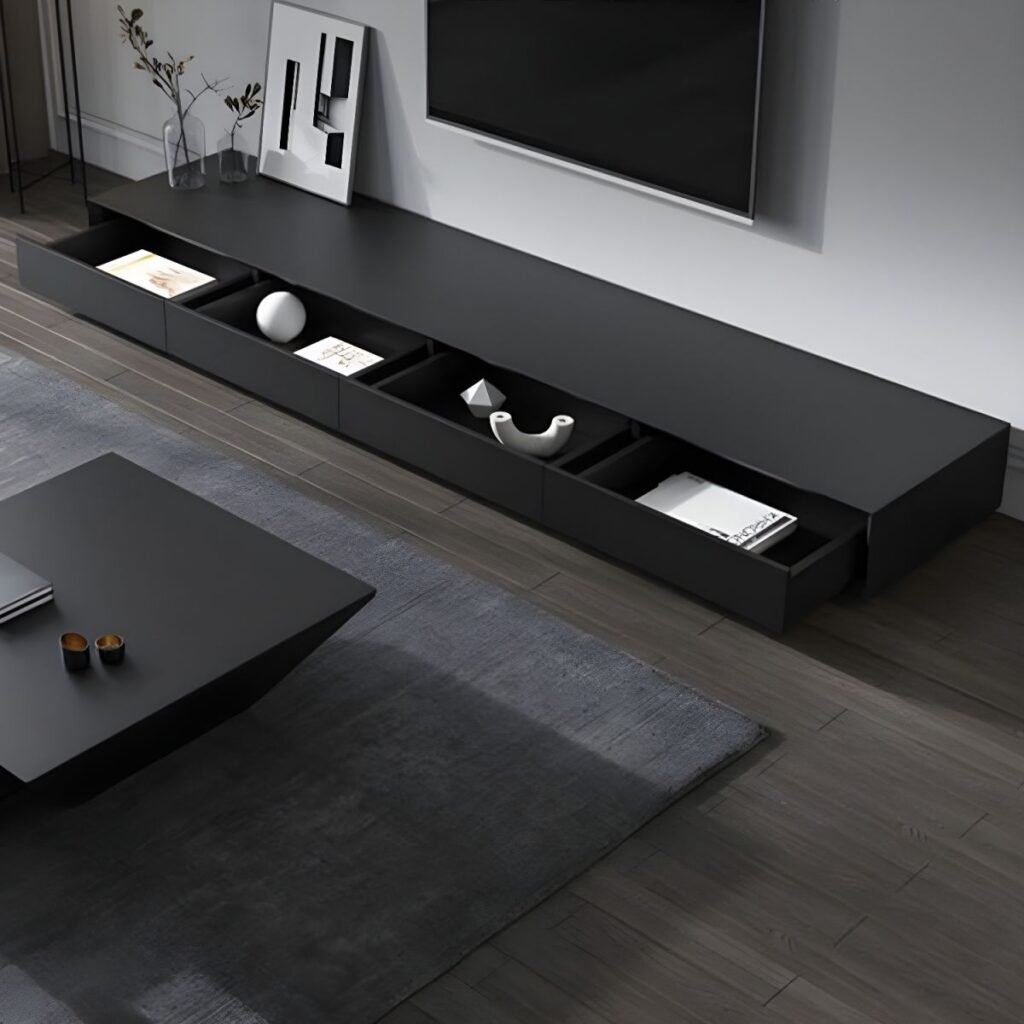 Open drawers of the Modern 4 Drawer Media Stand, showing the silent buffer slides and the large internal storage space.