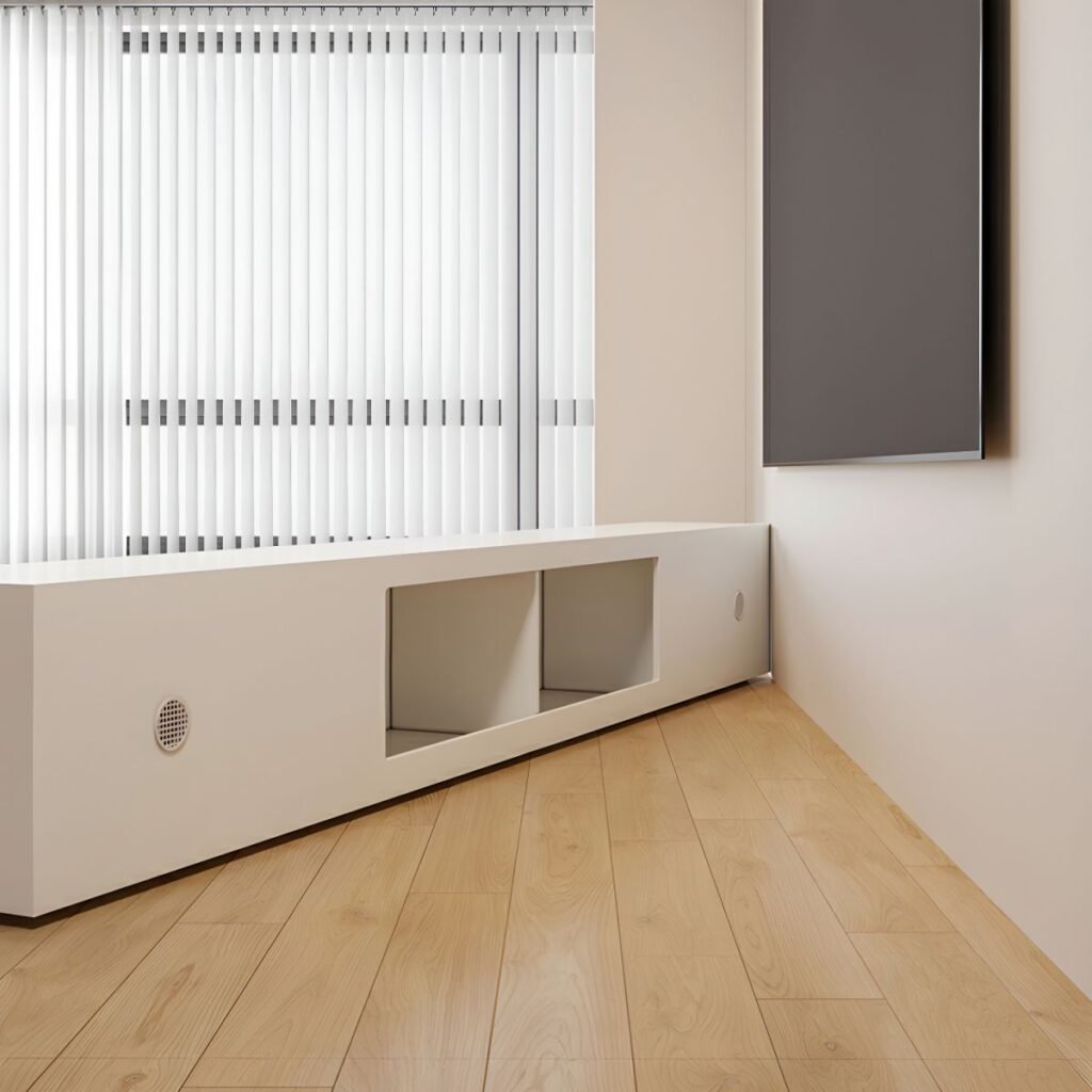 Open drawers of the Ultra Slim White TV Console, showcasing the hidden buffer rails and the clean white E0 wood interior.