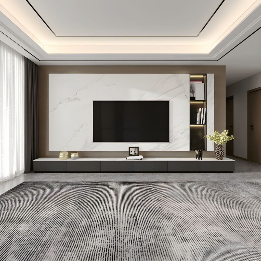 Urban Grey Slim TV Bench 79 inch in a modern grey lounge.