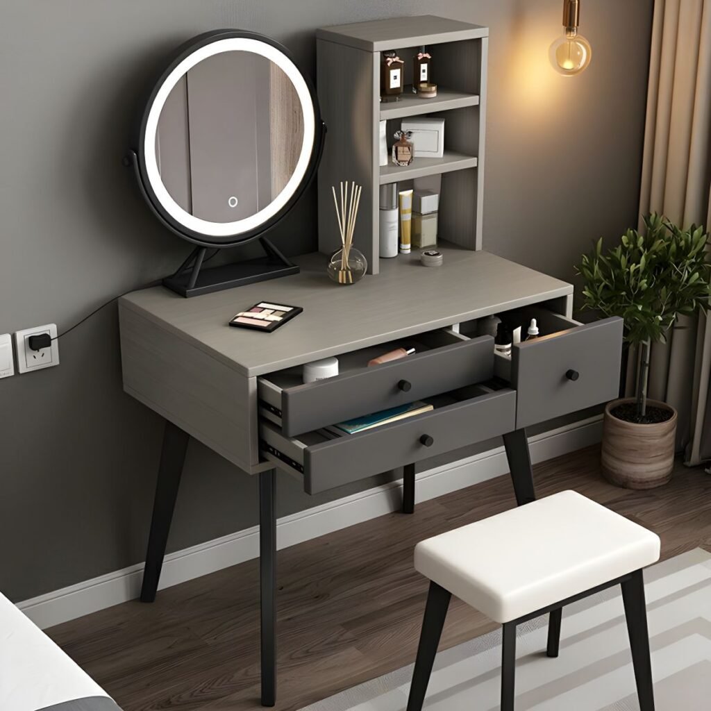 Vanity Desk with Shelves in Grey