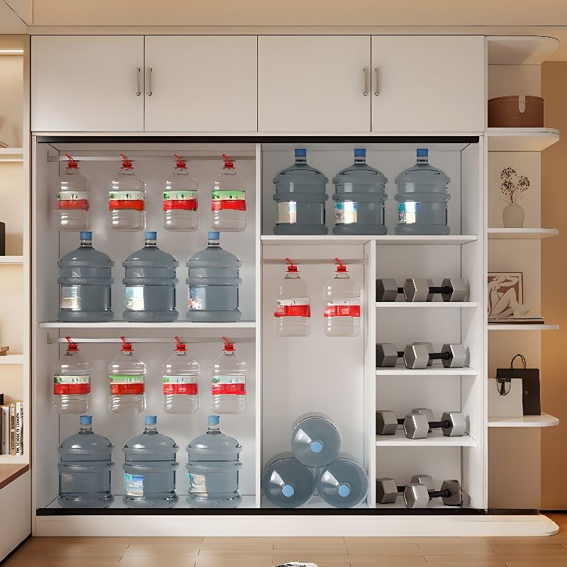 Interior view of a Full-Height Integrated Storage System by Apexerahomelife, showcasing movable shelves and a premium Eco-Friendly E0 Wood Armoire board structure.