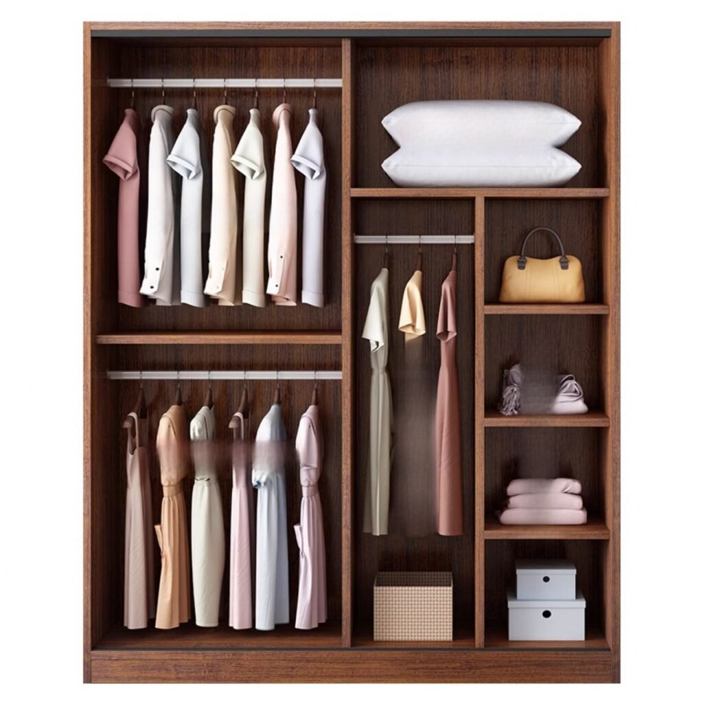 Interior view of the Sustainable E0 Modular Closet by Apexerahomelife, showcasing movable shelves and a Multi-Tone Bedroom Clothing Organizer layout.