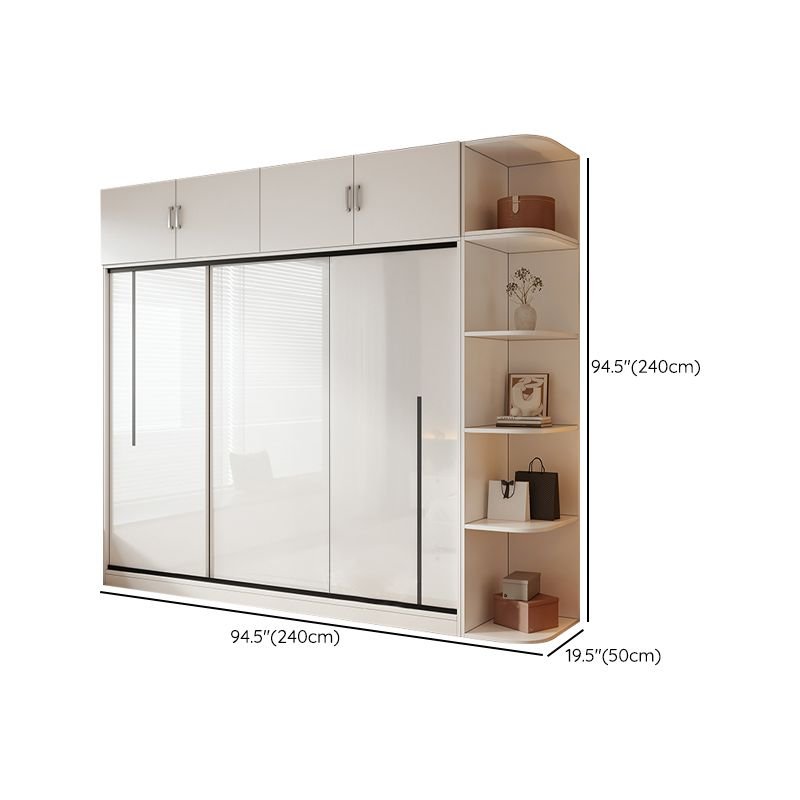 Modern Sleek White Sliding Door Wardrobe with 240cm tall frame, featuring top hinged cabinets and an integrated side shelving unit for a Modern Multi-Tiered Clothing Organizer.
