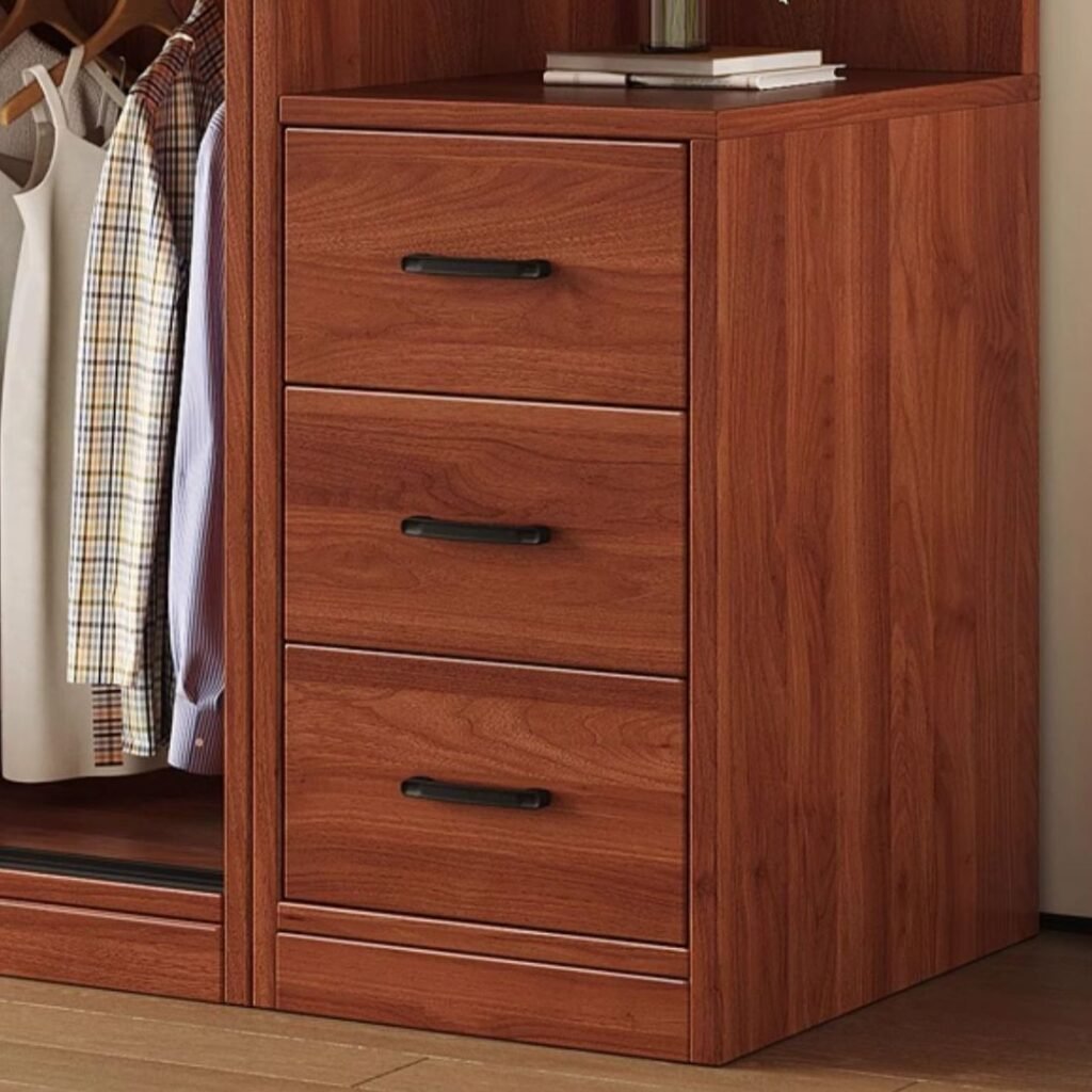 Interior layout of a Bespoke Modular Bedroom System showing movable shelves and a Modern Wooden Clothing Organizer with top hinged cabinets.