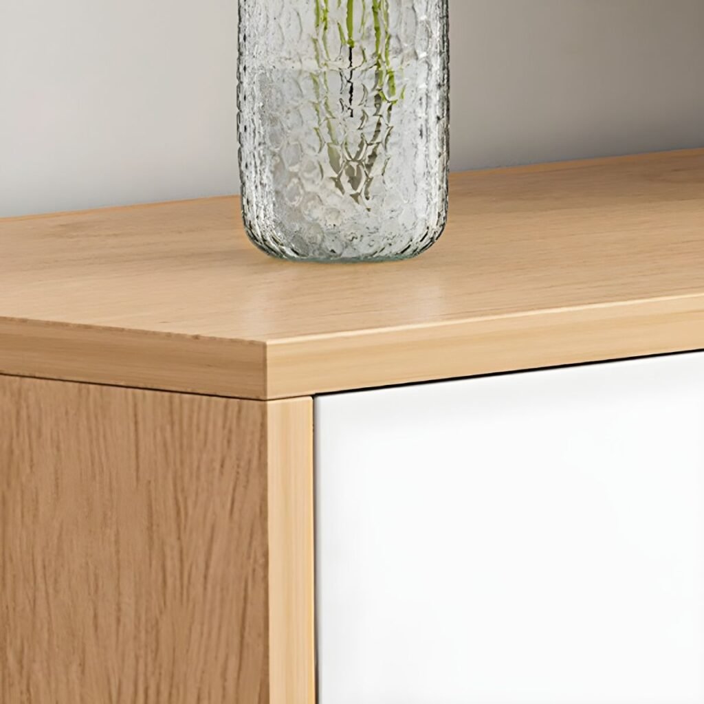 Top-down view of the Eco Friendly E0 Wood Base texture, showcasing the rich natural wood grain on a 120cm TV unit.