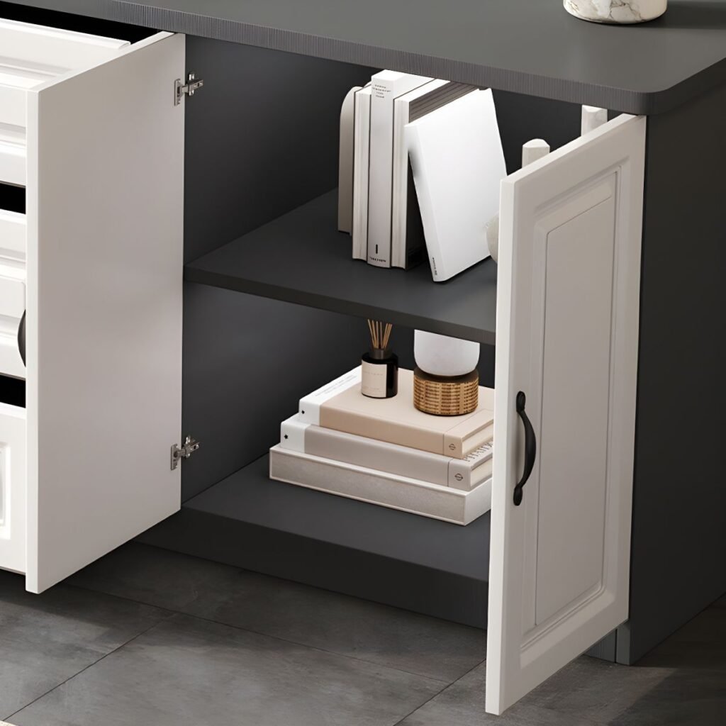 Modern Paneled Door Media Base 160cm in Khaki and White, showing the center open shelf and patterned door detail on E0 wood.