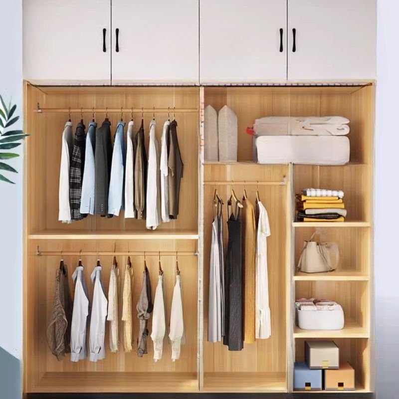 Interior view of a Multi-Functional Modular Clothing Organizer by Apexerahomelife, showcasing movable shelves and a tall Eco-Friendly E0 Tall Bedroom Closet structure.