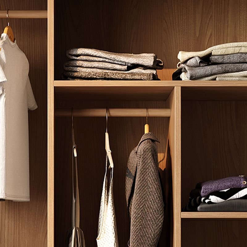 Detailed view of the Modern Industrial Bedroom Closet with premium oak textures and Sustainable E0 Wood-Grain Storage boards by Apexerahomelife.