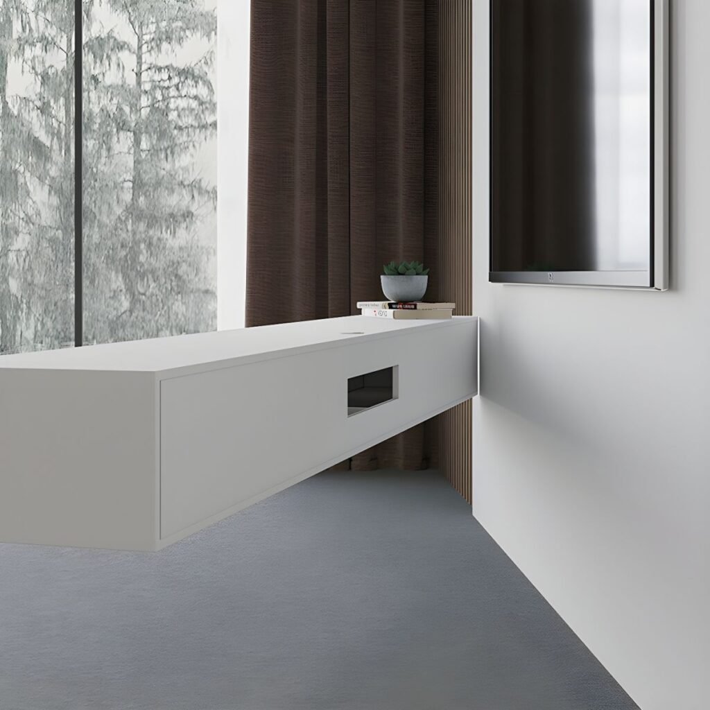 Side profile of the Sleek White Floating TV Stand, emphasizing its slim 25cm height and hidden handle storage for a clutter-free wall.