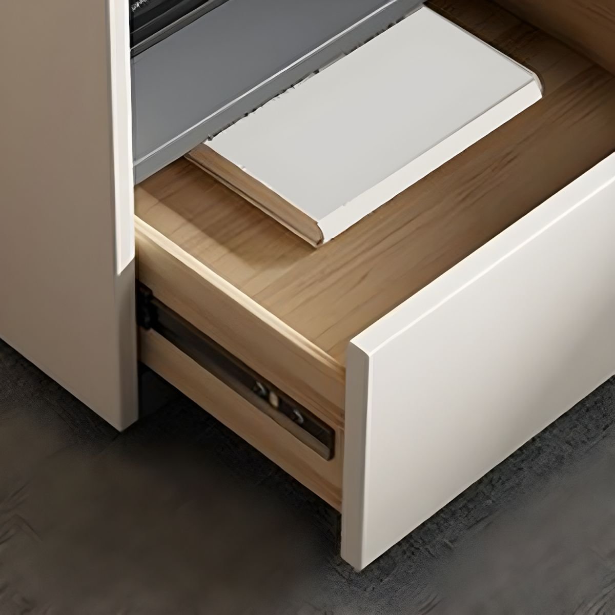 Silent Hidden Storage Box with soft-close buffer slides.