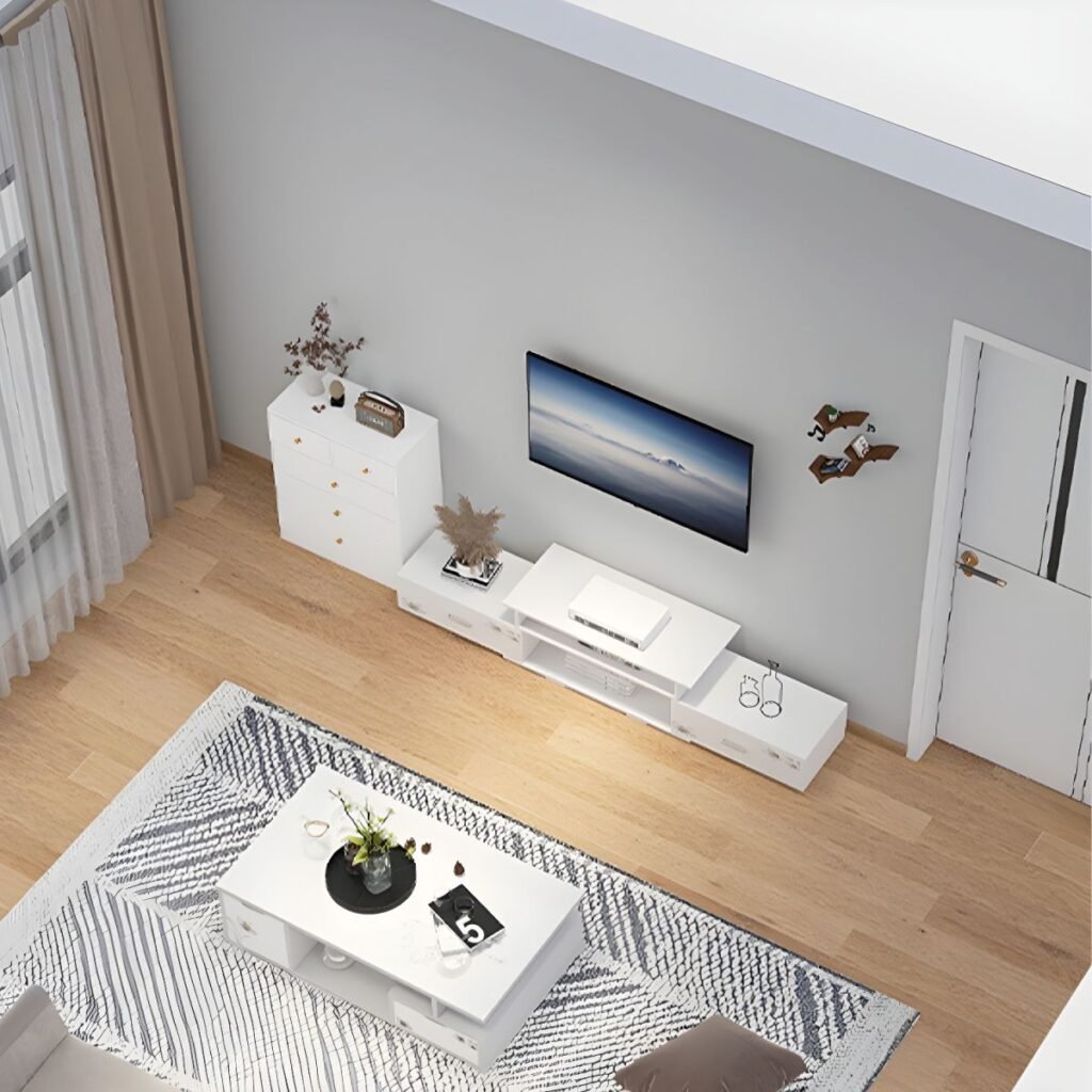Modern Tiered TV Console in a minimalist white interior.