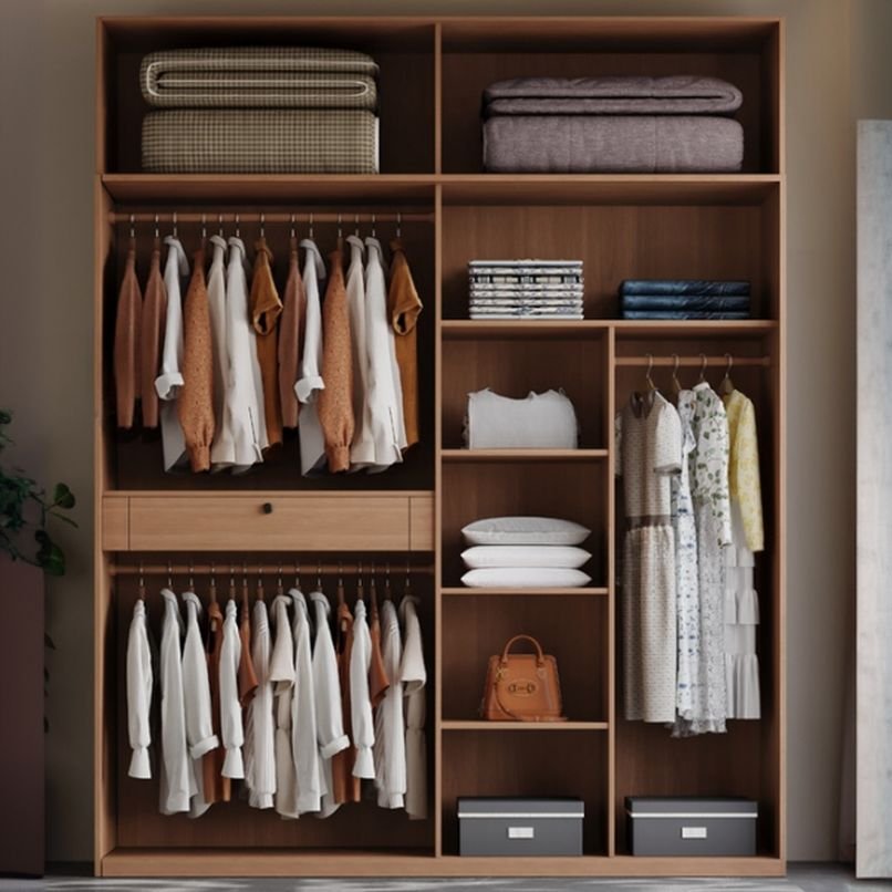 Interior view of the Multi-Functional Space-Saving Organizer by Apexerahomelife, showcasing movable shelves and Sustainable E0 Wood-Grain Wardrobe panels.