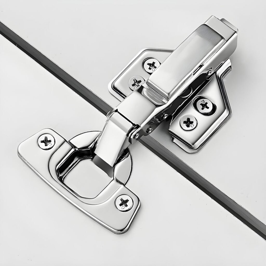 Interior view of the Sleek White Floating TV Stand showing the central flap-down door with gas struts and buffer hinges for quiet operation.