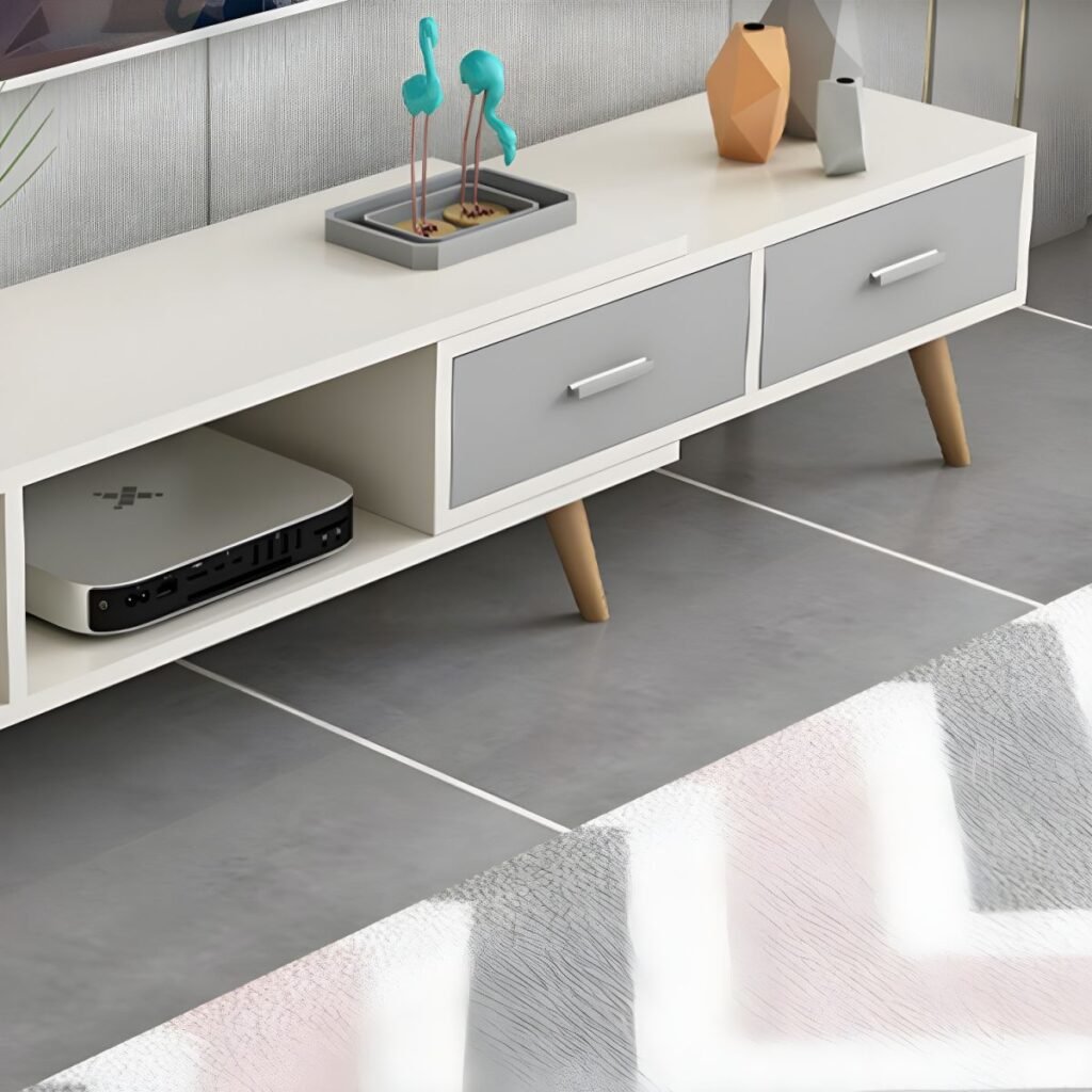 Minimalist Scandi TV Stand available in Wood and White.