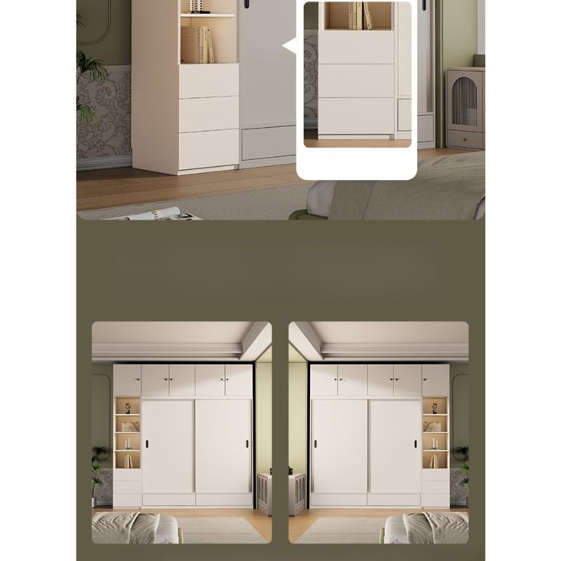 Interior organization of a Full-Height Modular Armoire showing adjustable shelves and reinforced hanging rails within a Sustainable E0 Engineered Wood Closet.