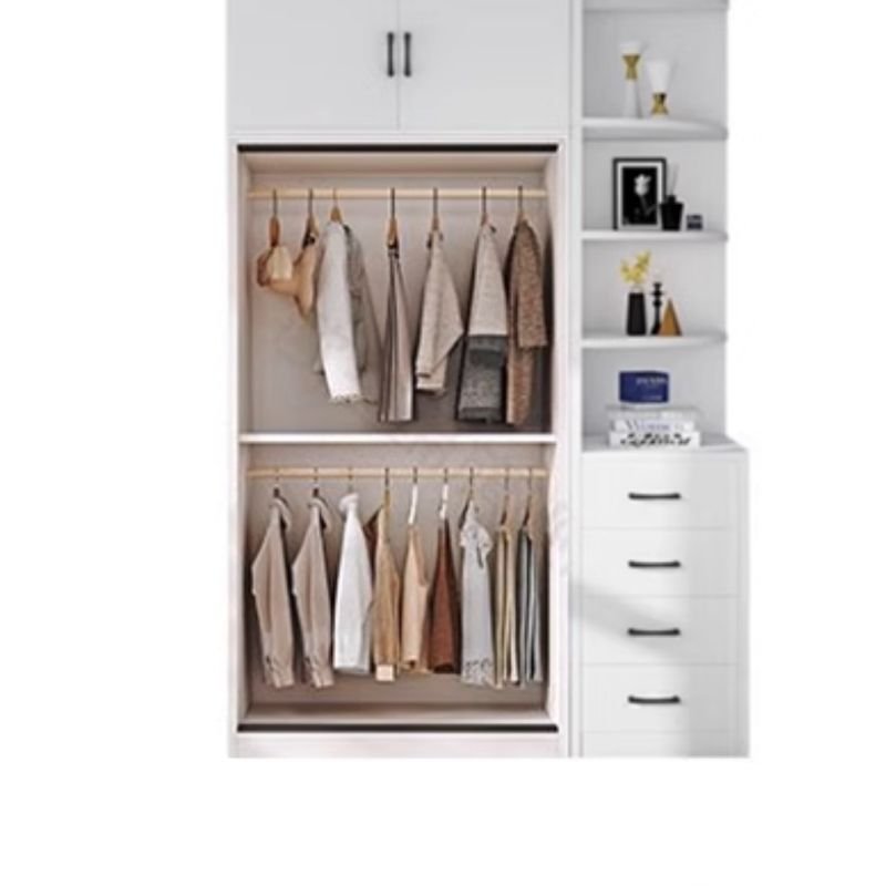 Interior view of the Sustainable E0 High-Capacity Closet by Apexerahomelife, showcasing movable shelves and the Integrated Side-Drawer Storage Station layout.
