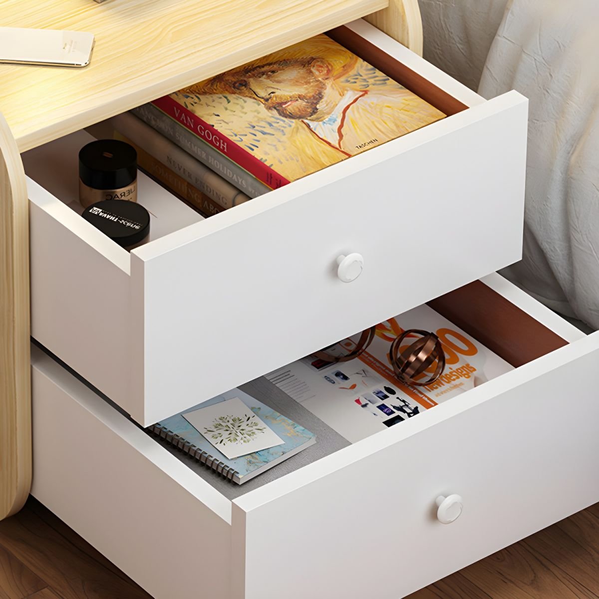 Silent Close Small Nightstand drawer with buffer slides.