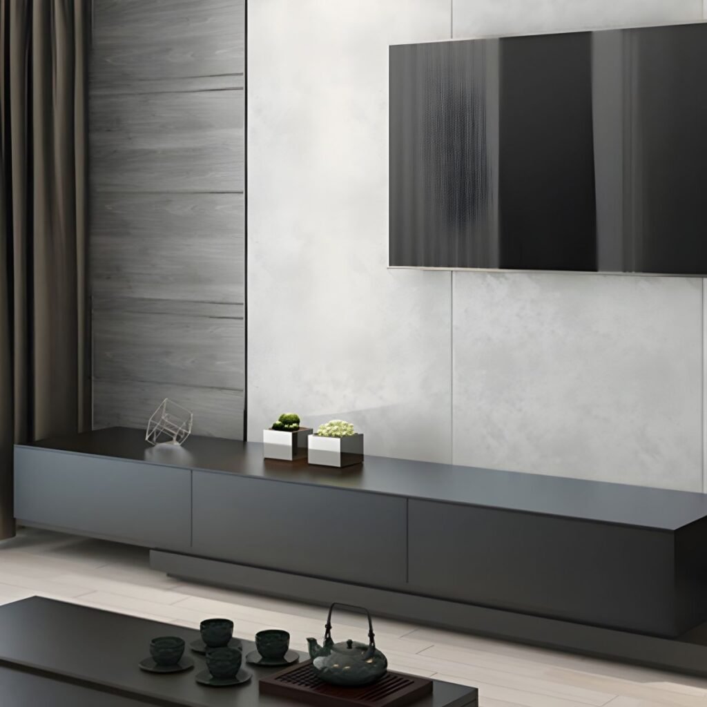 Top-down view of the Sleek Extendable Media Stand in Grey & Deep wood contrast, showcasing the E0 wood grain and clean board structure.
