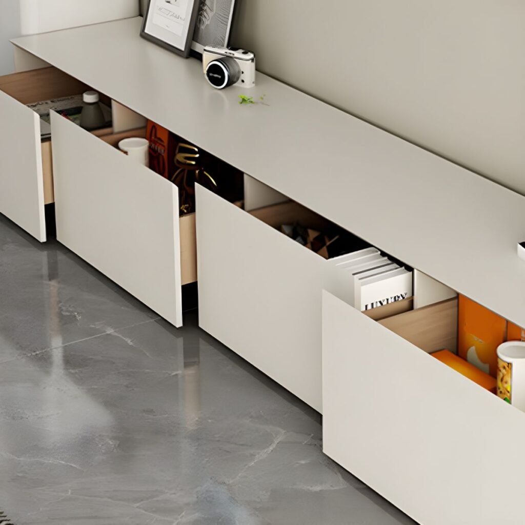 Open drawers of the Modern 4 Drawer TV Stand, highlighting the internal white storage space and silent buffer guide rails.