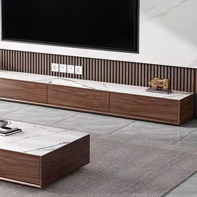 Natural Wood Media Console 94 inch in a warm modern lounge.
