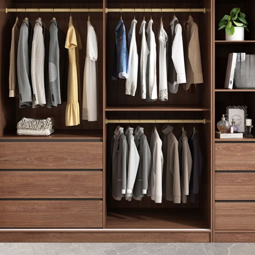 Interior layout of the Seamless Timber-Grain Closet System by Apexerahomelife, showcasing embedded drawers, soft-close rails, and Eco-Friendly E0 Integrated Storage boards.