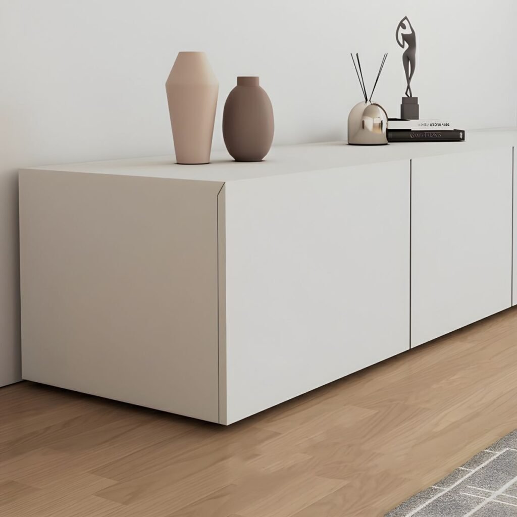Sleek White Media Console Table 240cm, showcasing the long minimalist silhouette and solid E0 wood construction.