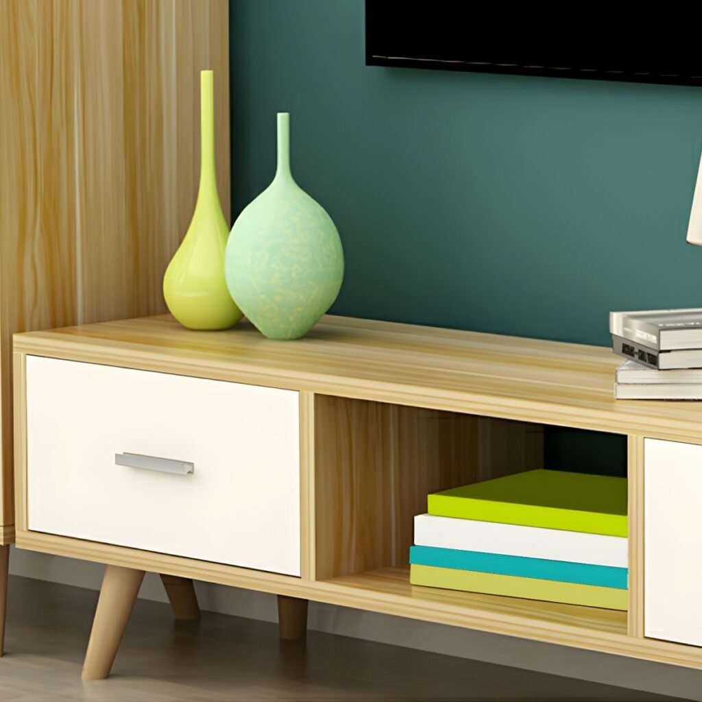 Open Cubby Nordic TV Shelf for easy cable management.