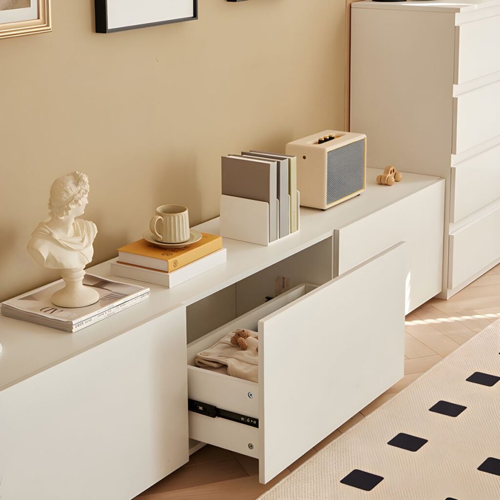 Sleek 3 Drawer TV Console with buffer silent slides.